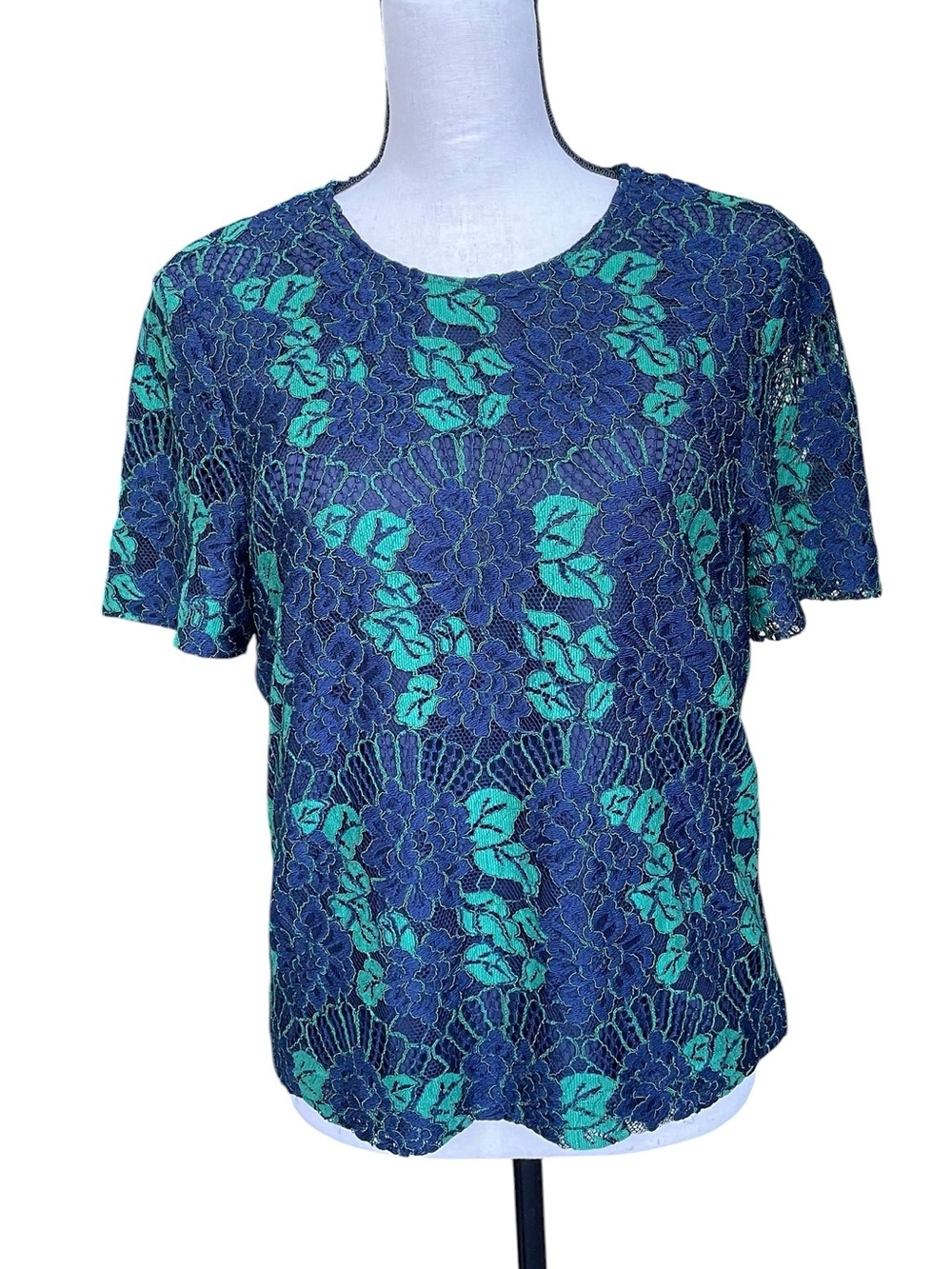 Ted Baker Thallia Navy and Teal Floral Lace Short Sleeve Top